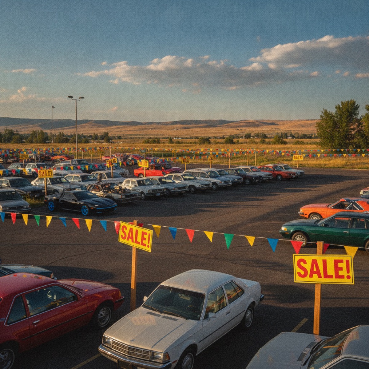 Atlas Auto Boise — the lot, sun-drenched, packed with pop-fiction's most famous vehicles