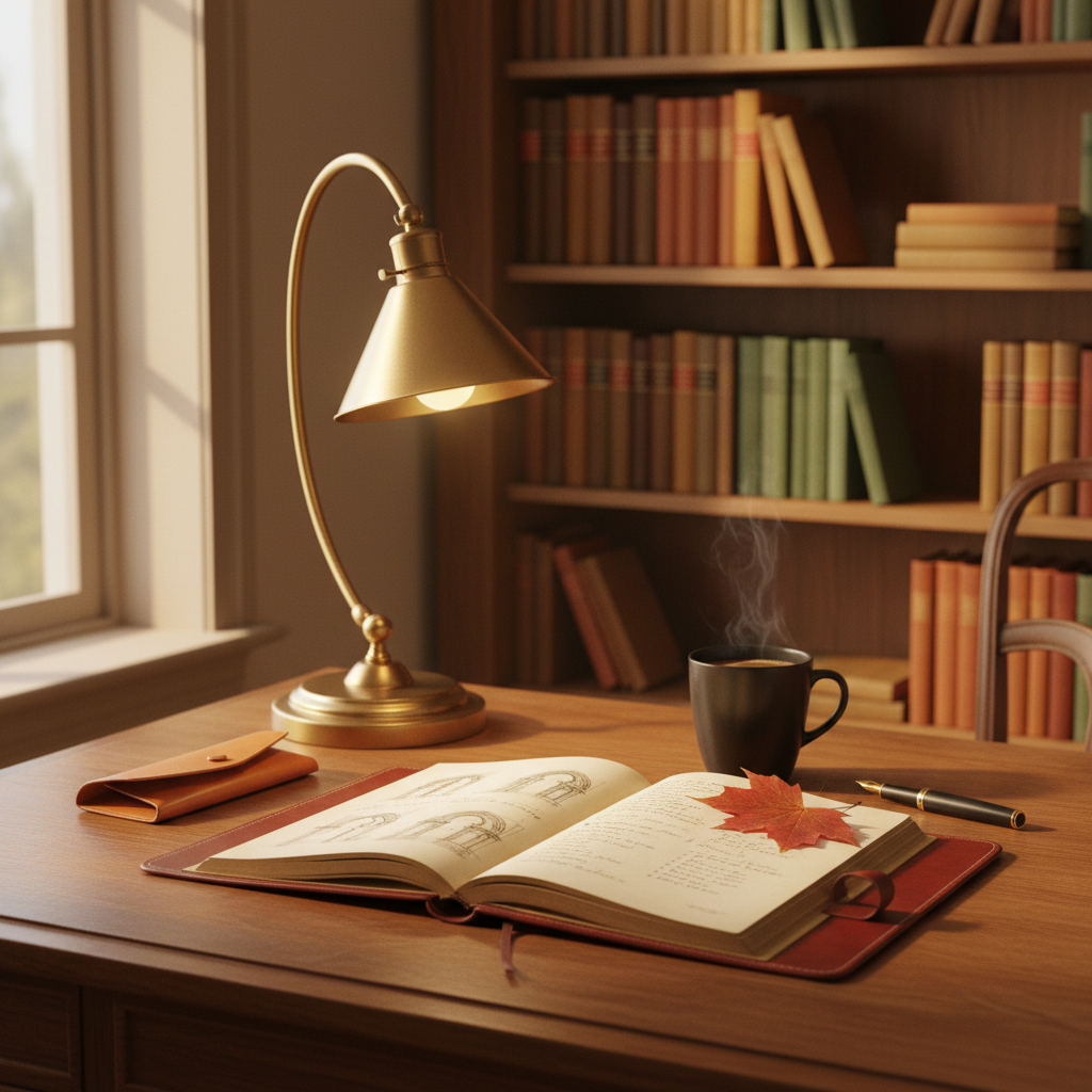 Editorial autumn still life: warm afternoon light through a window onto a writer's oak desk with a brass lamp, open leather notebook, maple leaf, and a steaming mug of coffee.