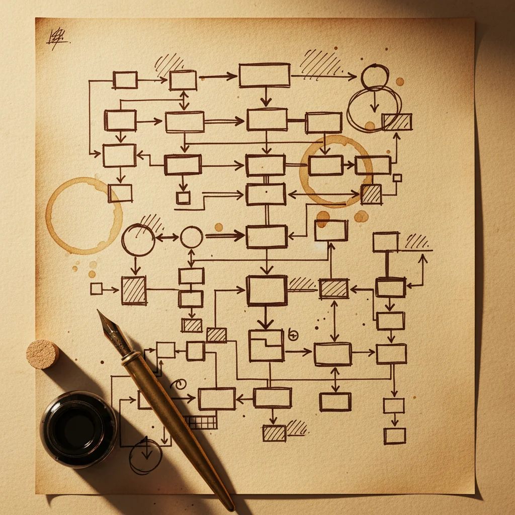 Editorial overhead still life: parchment paper covered in hand-drawn walnut-ink flowcharts with brass dip pen and ink bottle.