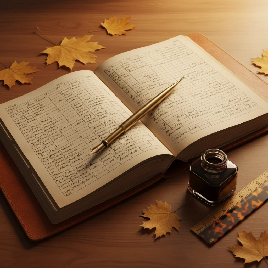 Editorial still life: two leather-bound ledger books open side by side with a brass dip pen bridging them.