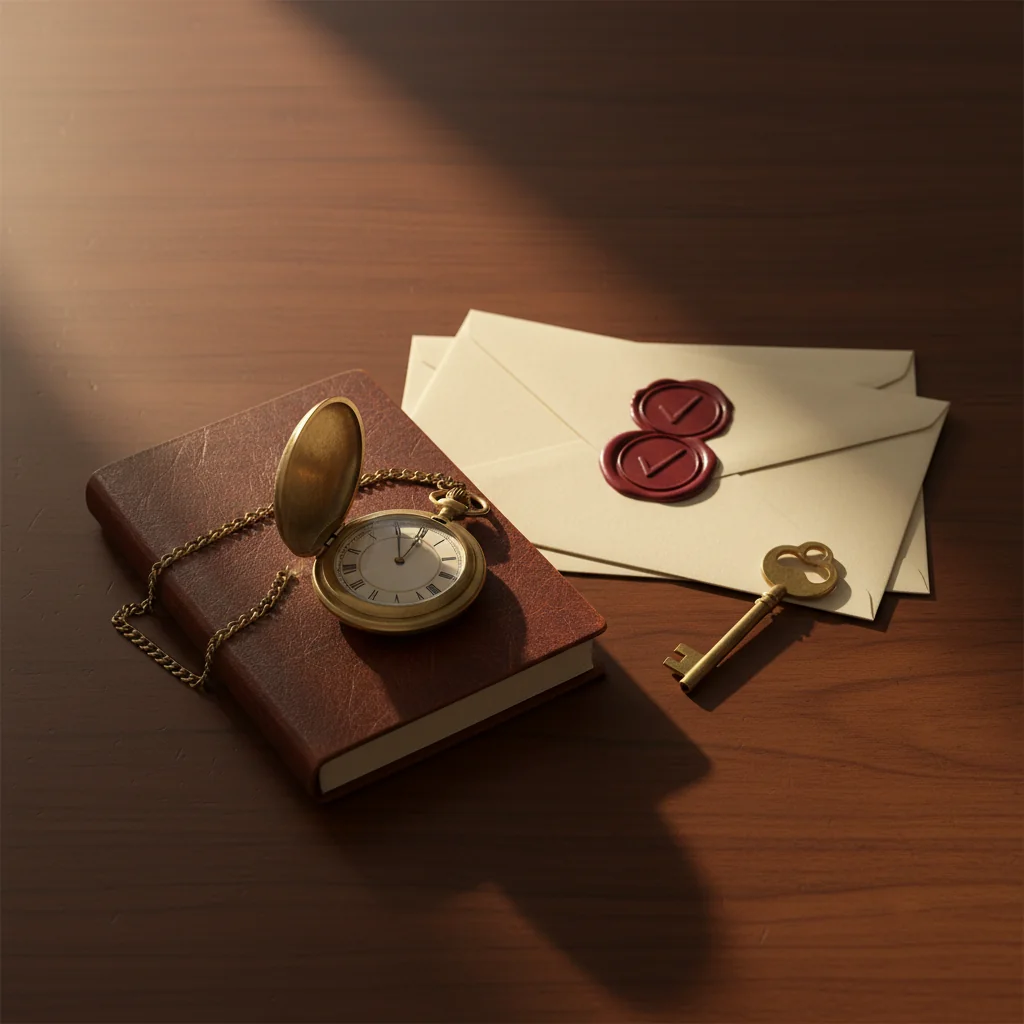 Editorial still life: brass pocket watch, three burgundy wax-sealed envelopes, brass key on leather notebook.