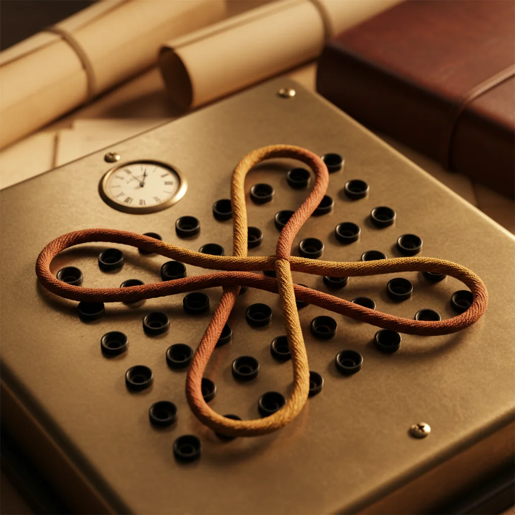 Editorial close-shot of a vintage telephone switchboard with brushed-brass front and warm-fabric patch cables looped between sockets.