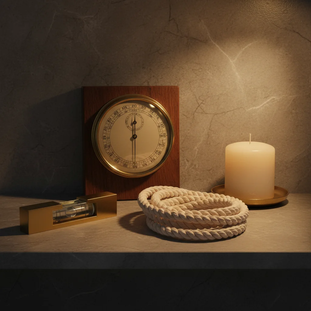 Editorial still life: vintage brass barometer, spirit level, coil of cotton rope, ivory candle on slate marble shelf.