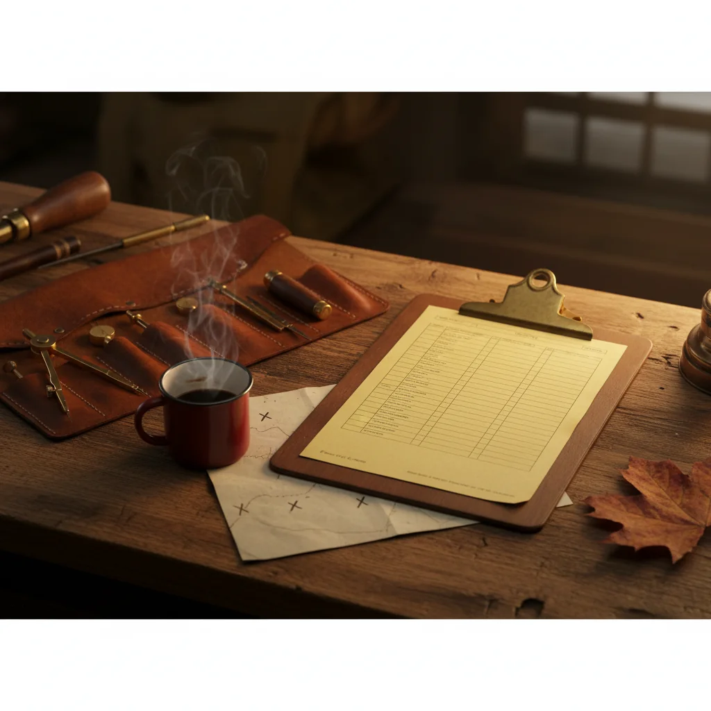 Editorial still life: vintage clipboard, leather tool roll, enamel mug on weathered oak workbench.